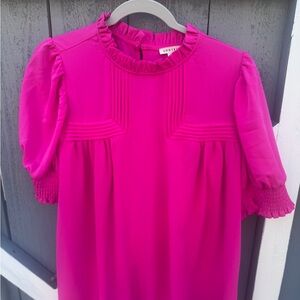 Hot Pink Ruffle Neck Short Sleeve Blouse